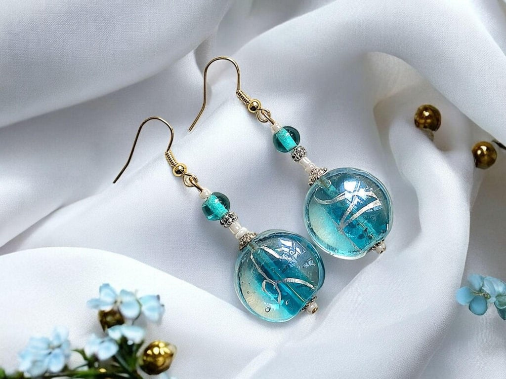Silver thread lampwork beaded earrings, Turquoise glass, boho earrings