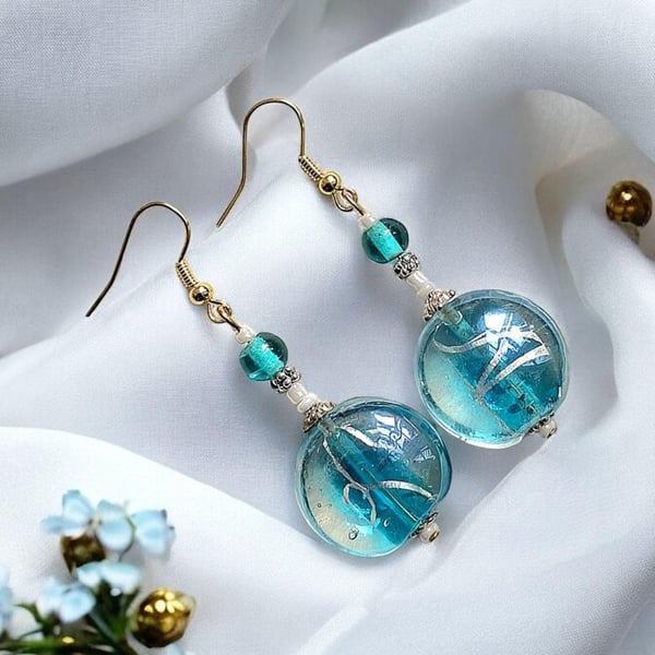 Silver thread lampwork beaded earrings, Turquoise glass, boho earrings