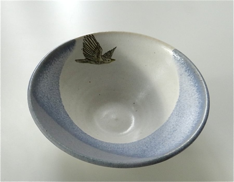 Stoneware ceramic bowl with flying gull image - handmade pottery