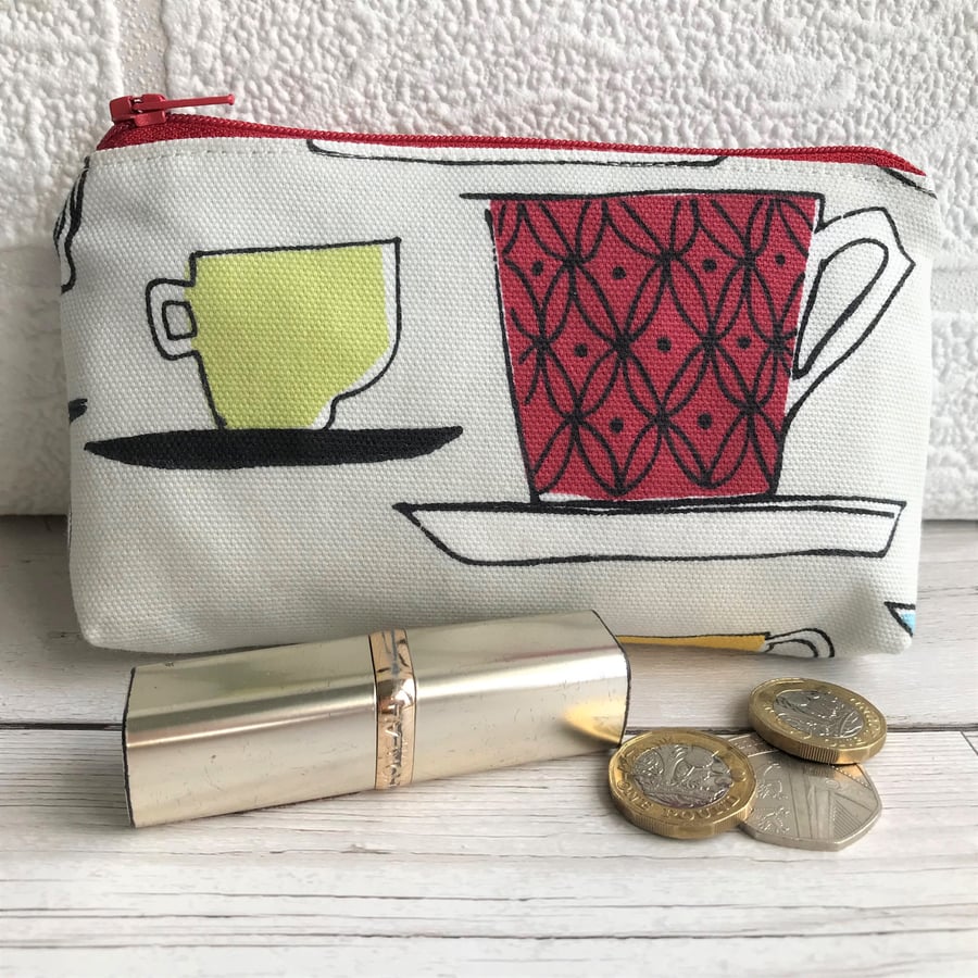 Large purse, coin purse with teacups in red and lime green