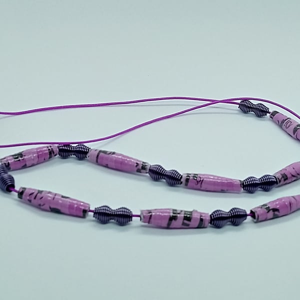 Handmade halloweiner varnished purple paper and wire bead necklace