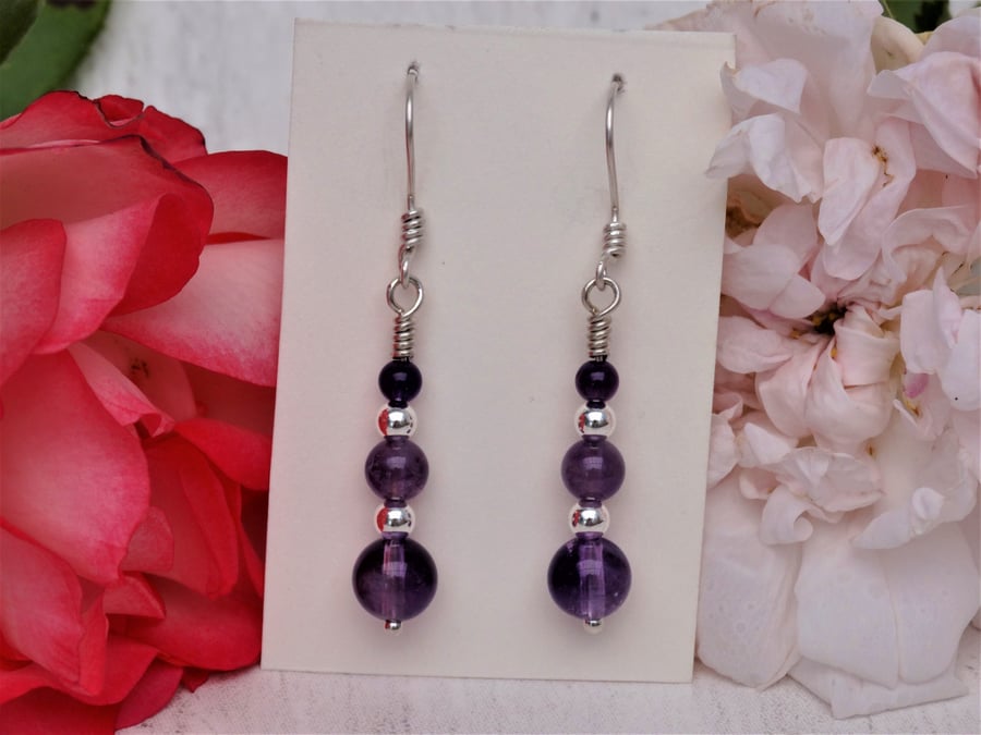 Amethyst gemstone dangle earrings silver beads crown chakra protection 