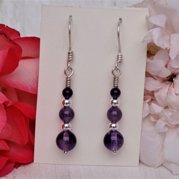 Amethyst gemstone dangle earrings silver beads crown chakra protection 