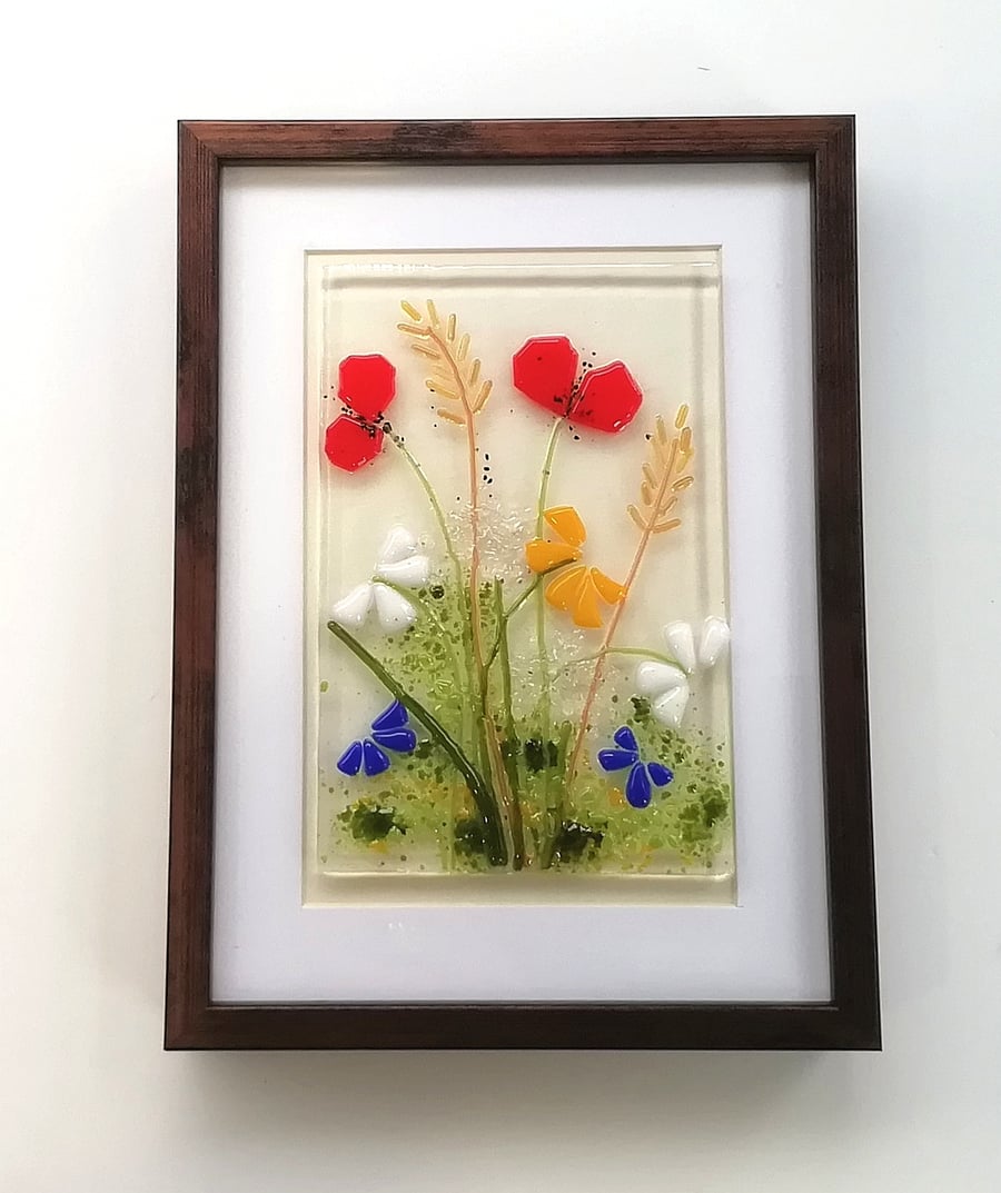 Framed floral glass art, shelf ornament, gift for mum, poppies and daisies. 