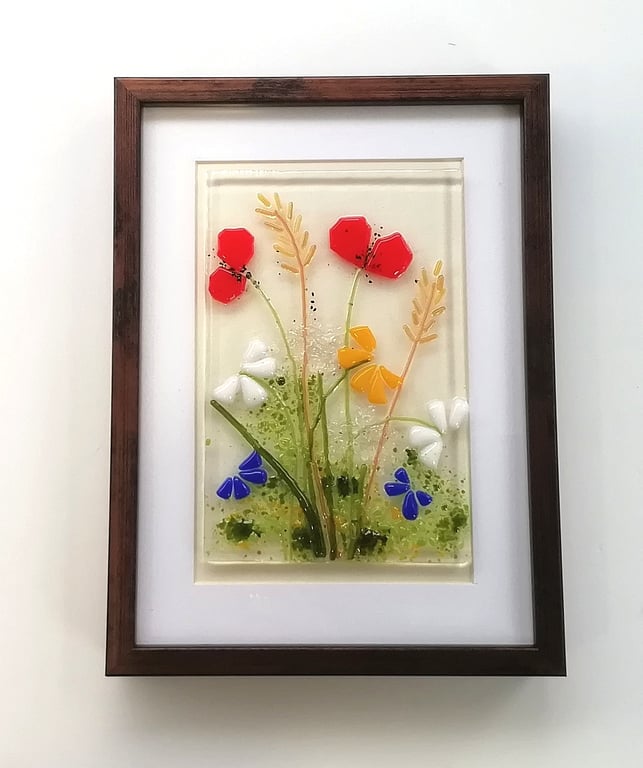 Framed floral glass art, shelf ornament, gift for mum, poppies and daisies. 