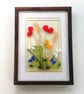 Framed floral glass art, shelf ornament, gift for mum, poppies and daisies. 
