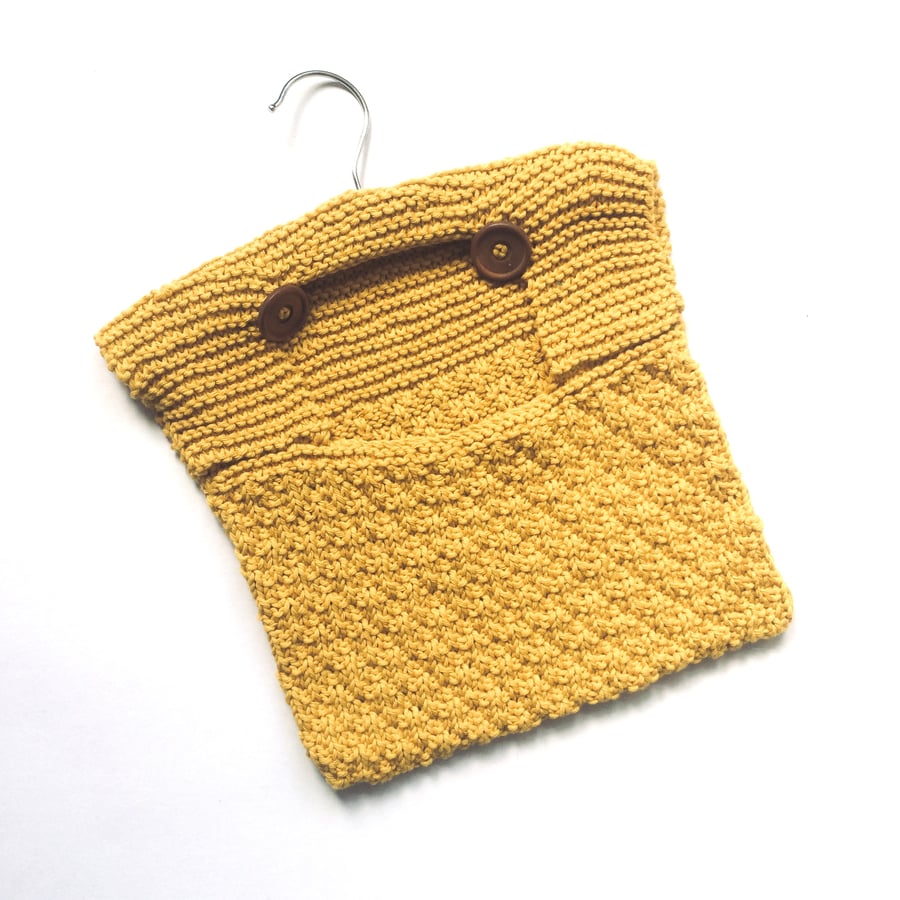 Cotton Peg Bag , hand knitted in mustard yellow cotton 