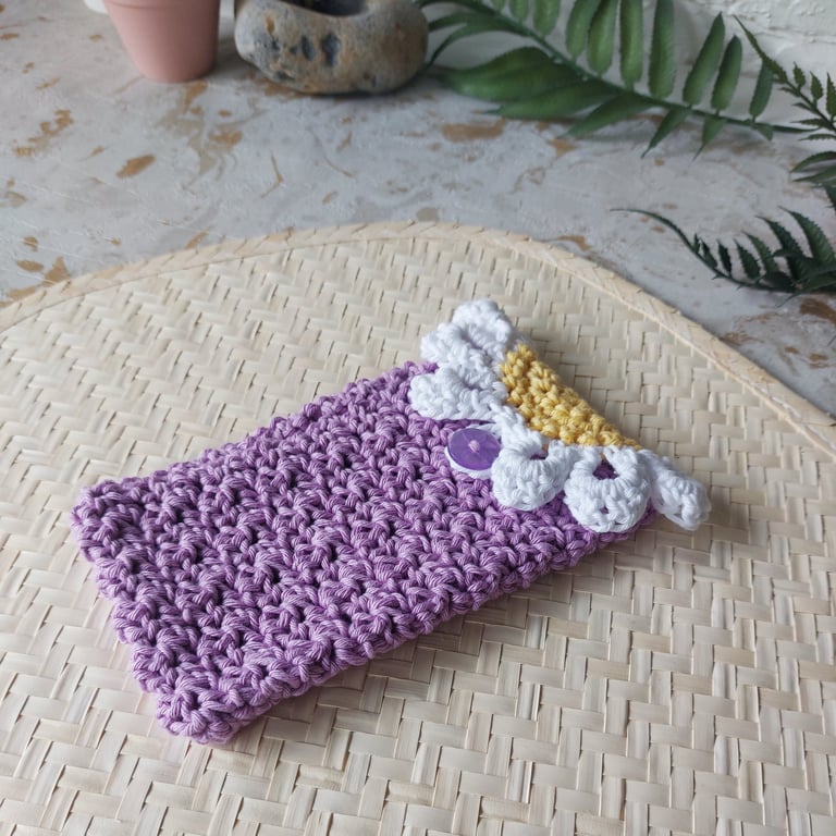 Crochet Cotton Daisy Glasses Case, Phone Case Lilac