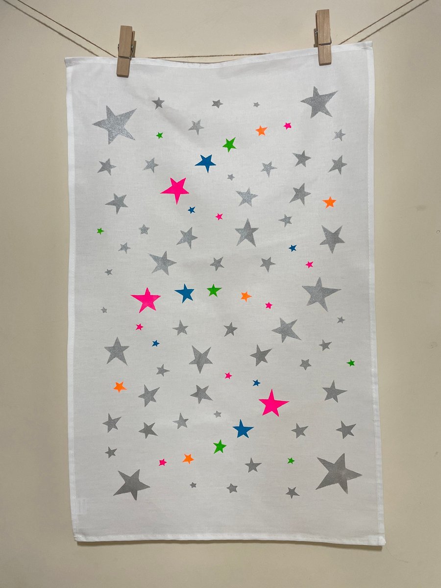Neon Star Towel Hand Printed White Cotton Homeware Kitchen Gift Homemade Quality