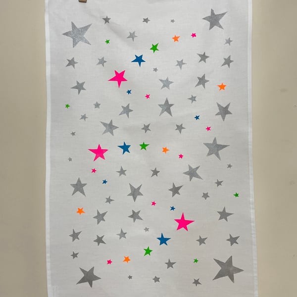 Neon Star Towel Hand Printed White Cotton Homeware Kitchen Gift Homemade Quality