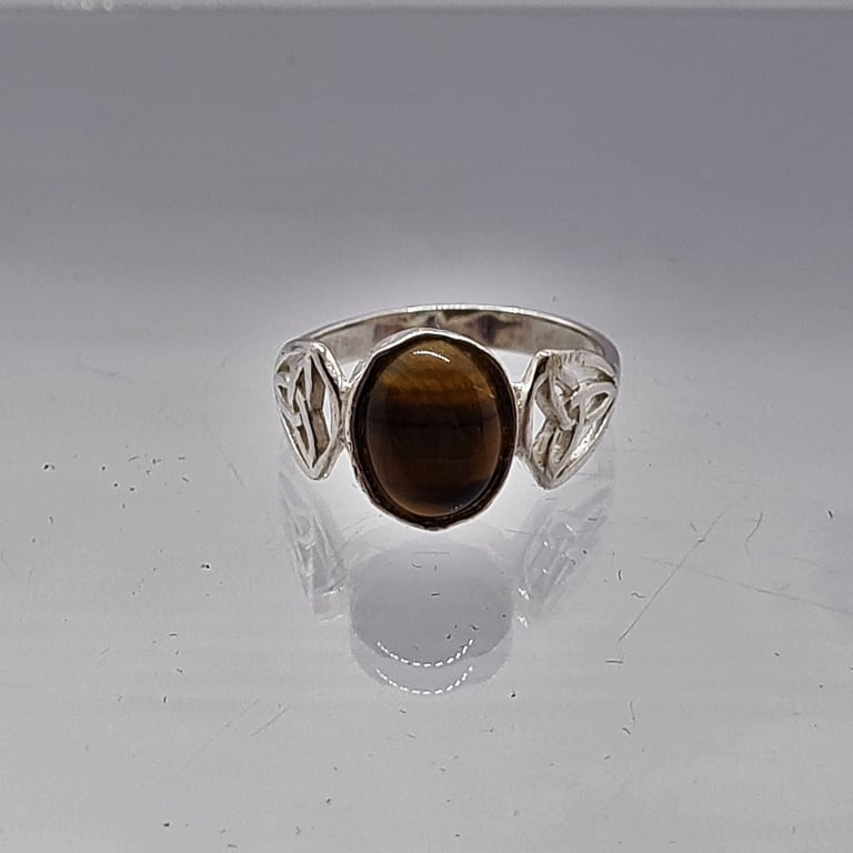 Sterling Silver Ring- Brown Tiger's Eye Gemstone- Celtic Design Shank