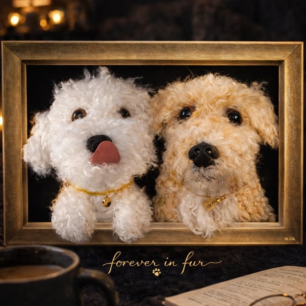 Custom 3D double Dog Portrait Frame – Needle Felted Pet Replica – Personalised