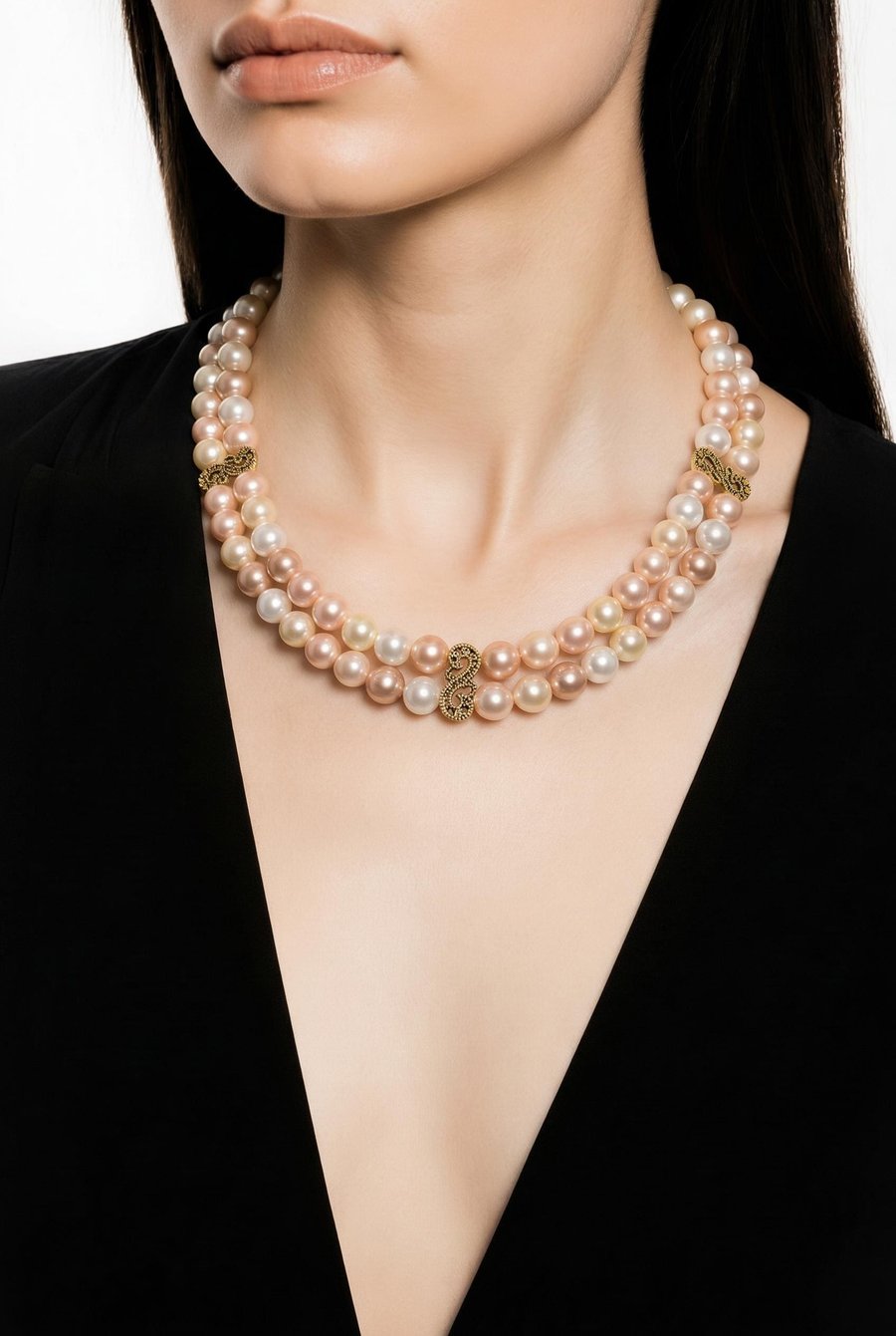 Double Strand Shell Pearl Choker Blush Pink Cream Ivory Gold Scroll Connector