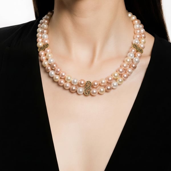 Double Strand Shell Pearl Choker Blush Pink Cream Ivory Gold Scroll Connector