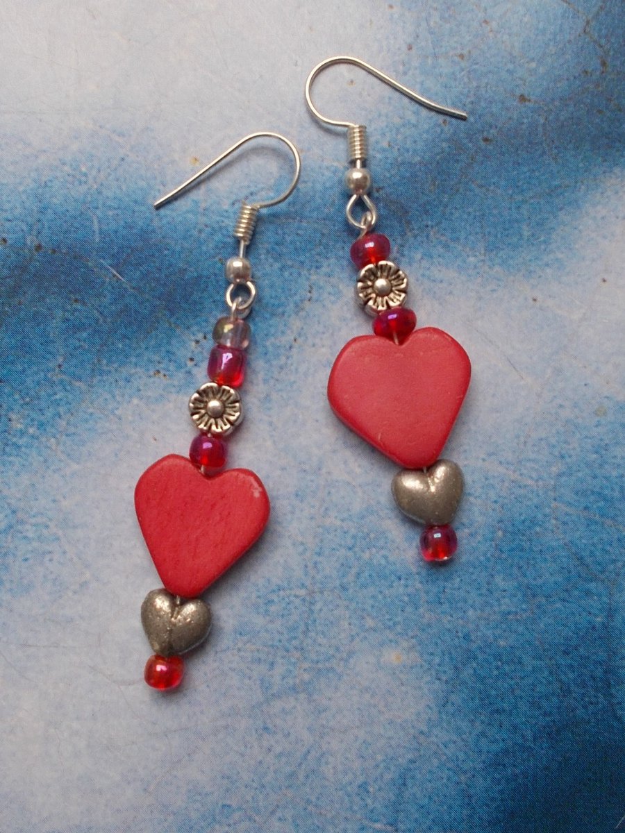 Red Wooden Hearts, Little Tibetan Silver Roses and Heart Earrings