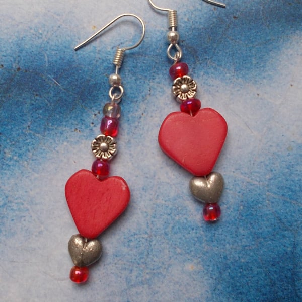 Red Wooden Hearts, Little Tibetan Silver Roses and Heart Earrings