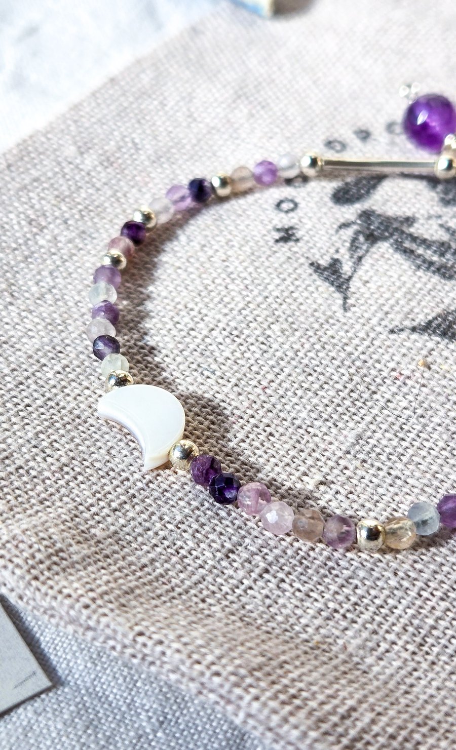 Rainbow Fluorite Gemstone Beaded Bracelet, Sterling Silver, Gift for Her