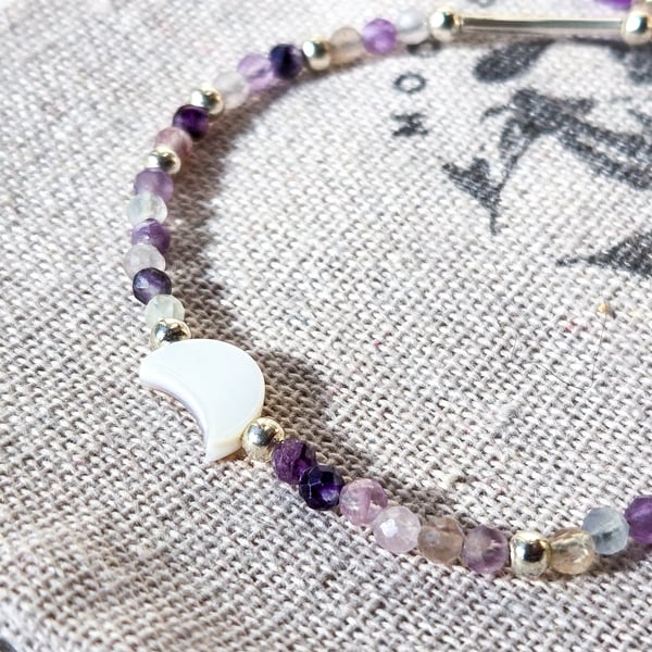 Rainbow Fluorite Gemstone Beaded Bracelet, Sterling Silver, Gift for Her