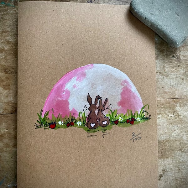 Strawberry Moon- Limited edition original hand painted signed Greetings card