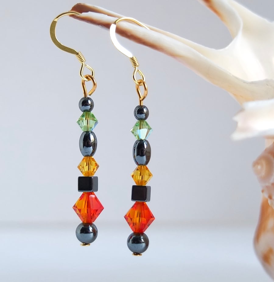 Sparkly Swarovski Crystal and Hematite Earrings on Gold Vermeil Wires.