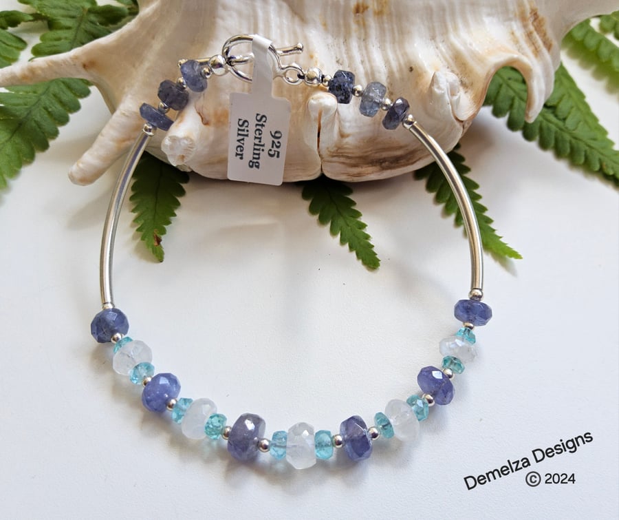 Tanzanite, Apatite & Moonstone Noodle Sterling Silver Bangle