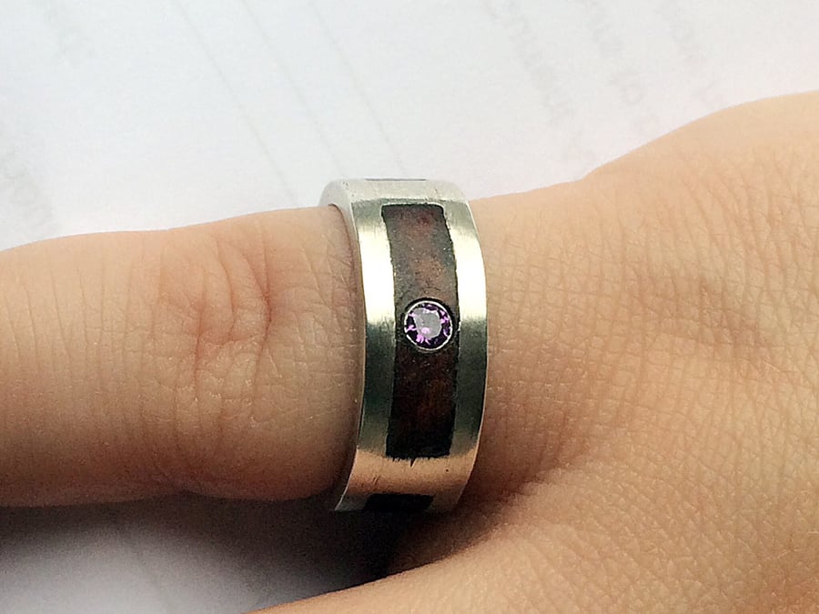 Black Walnut Inlay in Sterling Silver with Amethyst and Cubic Zirconia Ring