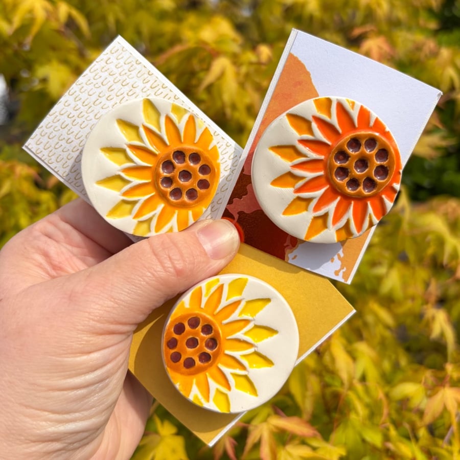 Handmade Ceramic Sunflower brooch, Hand Made Pottery Badge