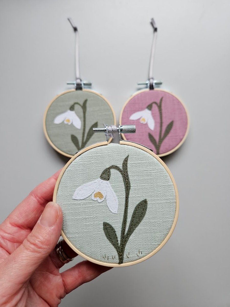 Snowdrop mini hoop, handmade hanging decoration, embroidered