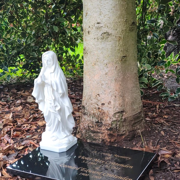 personalised black granite memorial plaque Our Lady headstone plaque Statue