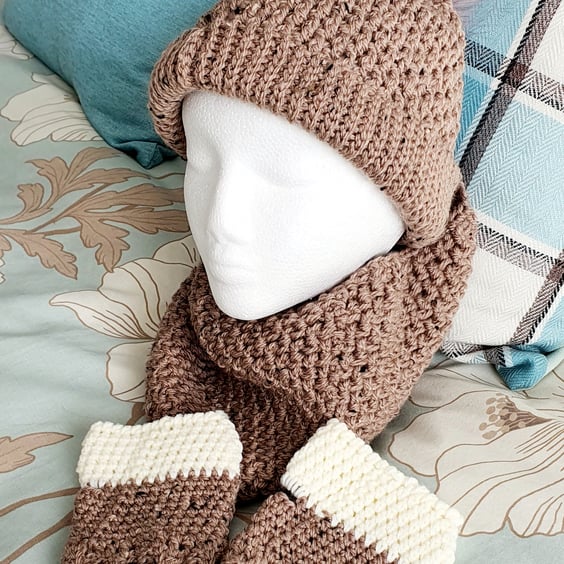 Brown Pompom Hat, cowl and fingerless mitts