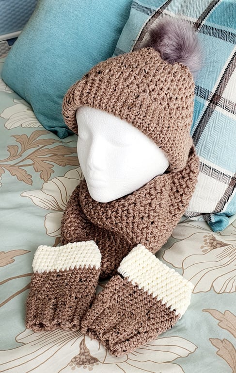 Brown Pompom Hat, cowl and fingerless mitts