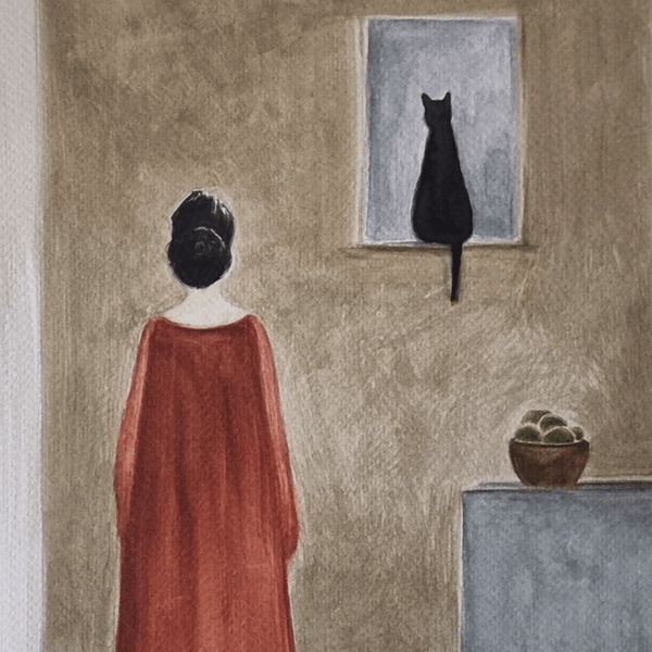 Original Watercolour Painting - Lady and Black Cat Illustration Art - 8x10