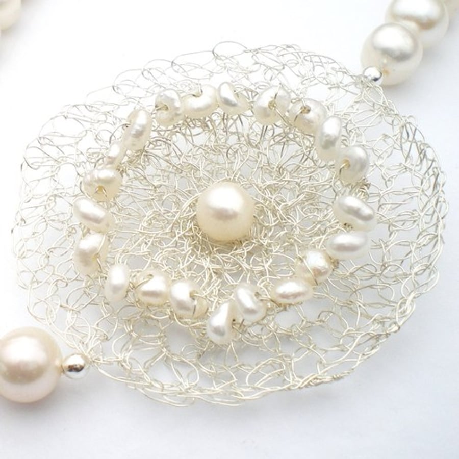 Ivory White Pearl Silver Crochet Flower Necklace