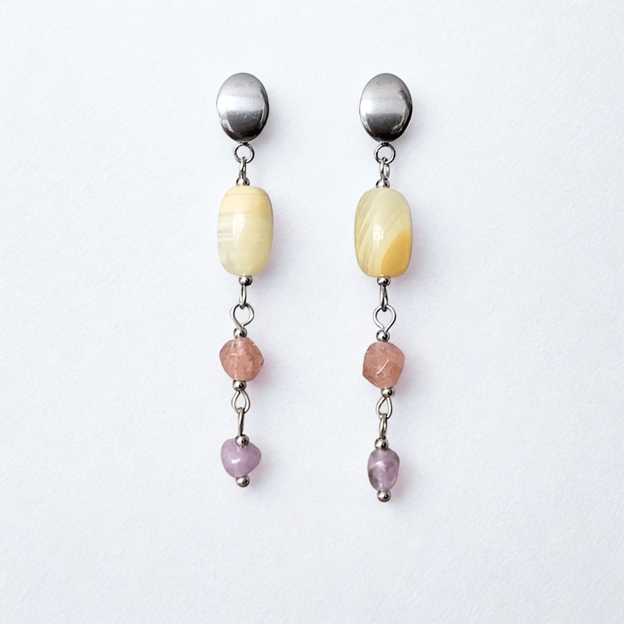 Earrings Sardonyx Quartz Lepidolite Bead Silver Stainless Steel Hypoallergenic