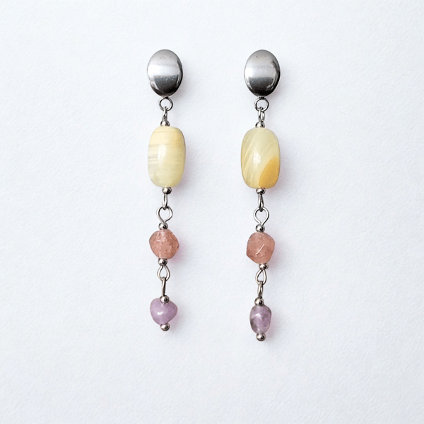 Earrings Sardonyx Quartz Lepidolite Bead Silver Stainless Steel Hypoallergenic