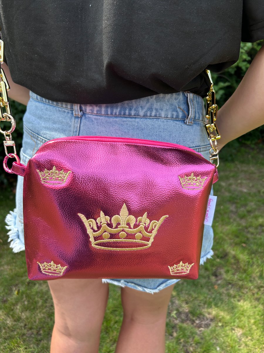 Vegan Leather Crossbody Bag - Bright Pink, Crowns