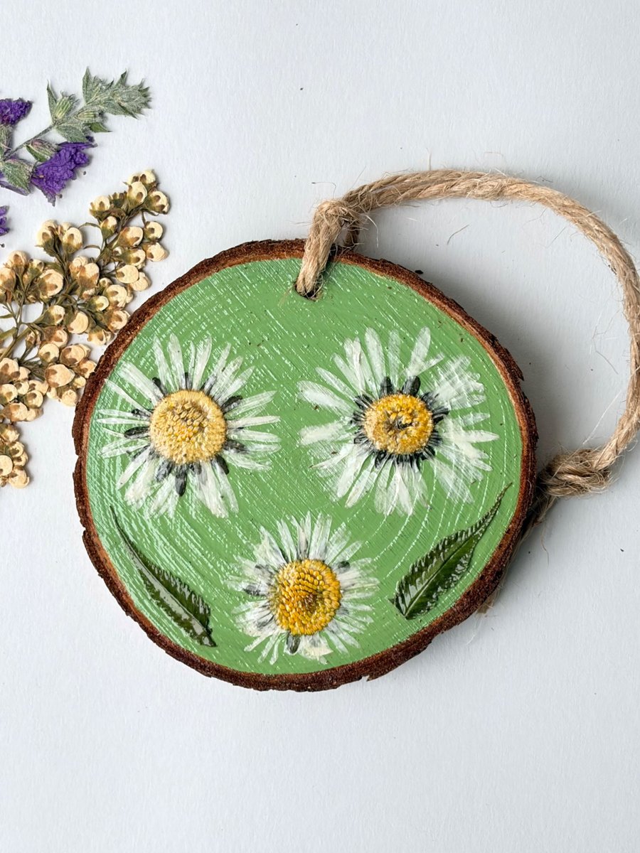 Real Pressed Daisy Wood Slice Hanging Hand Painted Rustic Décor
