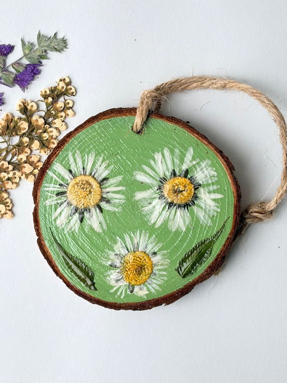 Real Pressed Daisy Wood Slice Hanging Hand Painted Rustic Décor