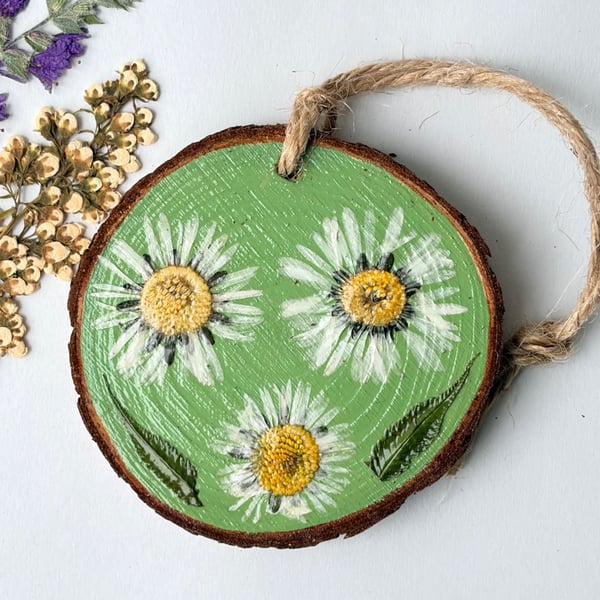 Real Pressed Daisy Wood Slice Hanging Hand Painted Rustic Décor