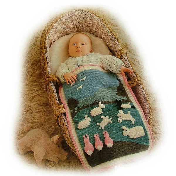 LAMBS AND LULLABIES pram cot cover baby  knitting pattern by Georgina Manvell