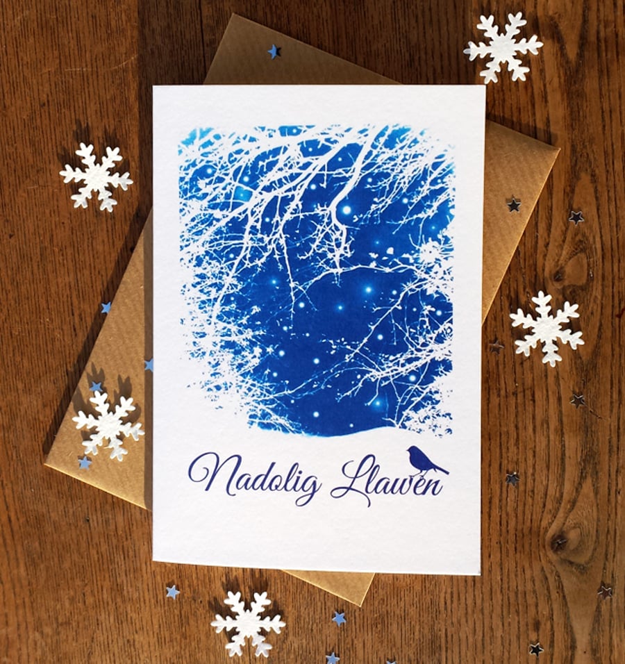 SALE Nadolig Llawen Welsh Christmas card from Cyanotype image