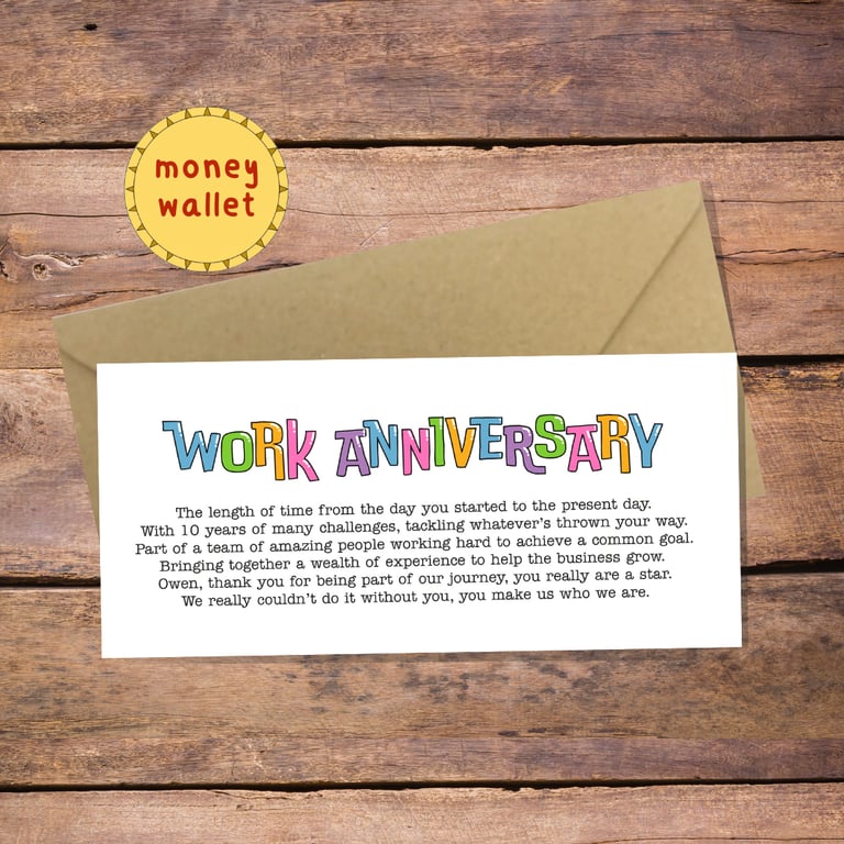 Work Anniversary Money Wallet Card - cash gift envelope