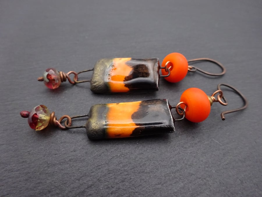 copper earrings, orange lampwork glass and ceramic jewellery