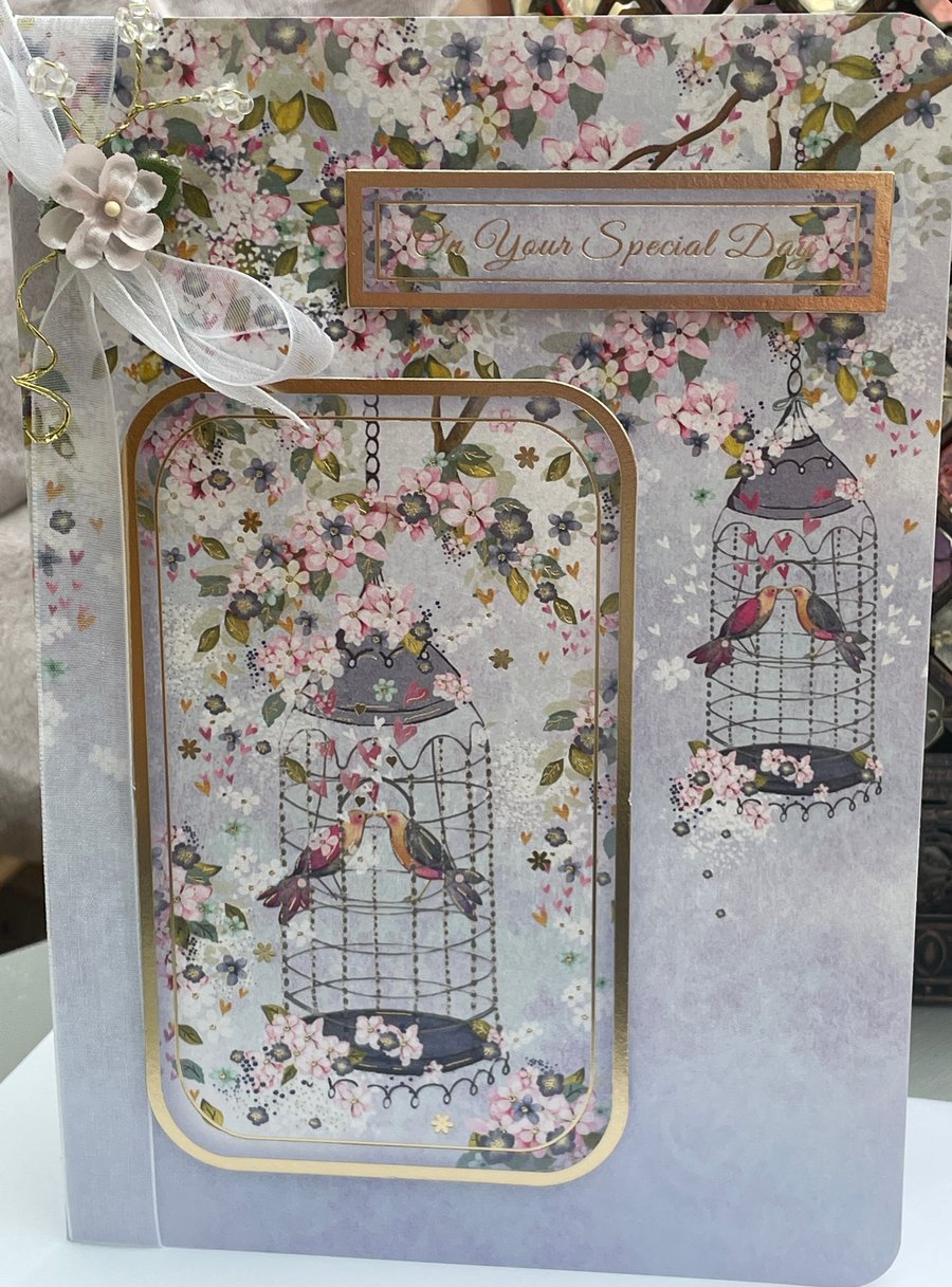 Beautiful lovebirds On your special day wedding or anniversary card.