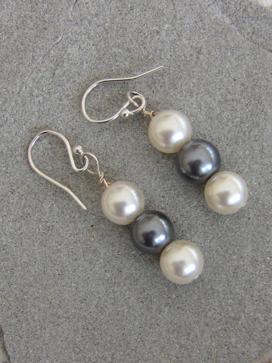 White and Grey Pearl Drop Earrings with Sterling Silver
