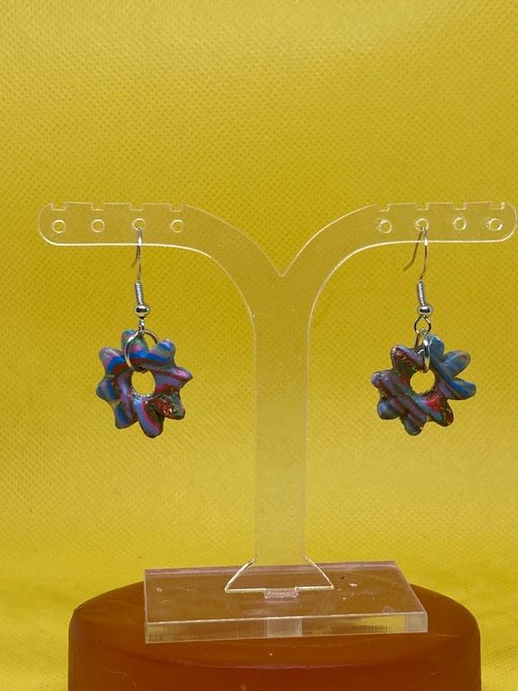 Polymer Clay- Swirl Daisy Flower Dangle Earrings 