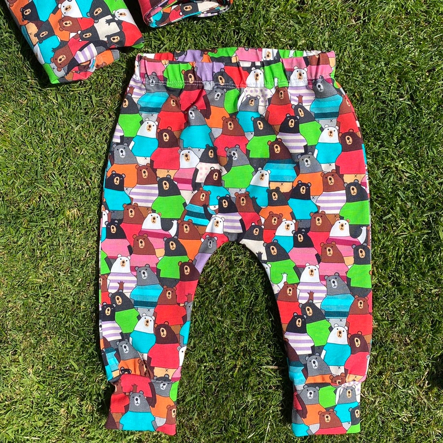 Colourful Cotton cuffed Leggings with Bears - 6-9 mths