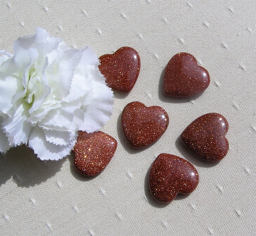 6 Brown Goldstone Solid Gemstone Polished Hearts - 20mm - Chakra Crafting