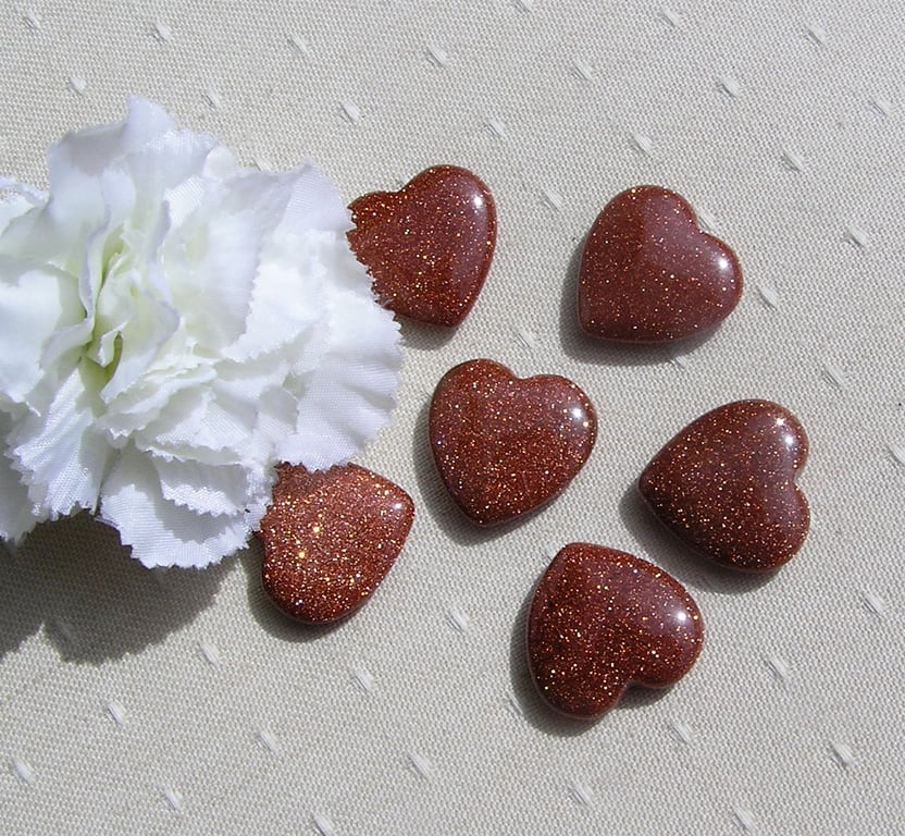 6 Brown Goldstone Solid Gemstone Polished Hearts - 20mm - Chakra Crafting