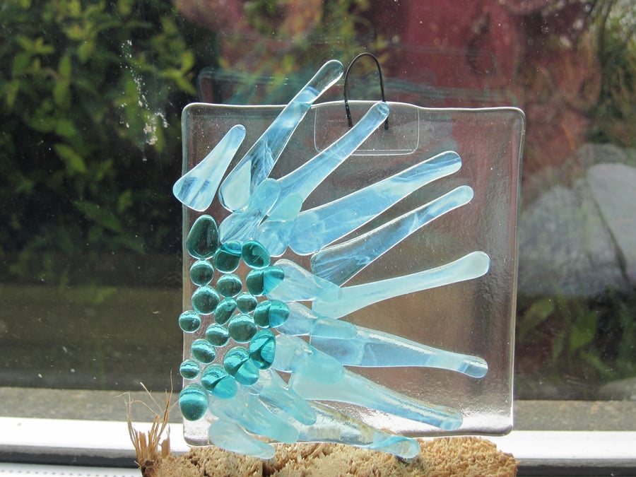 Crazy daisy, suncatcher, fused glass hanging, turquoise flower